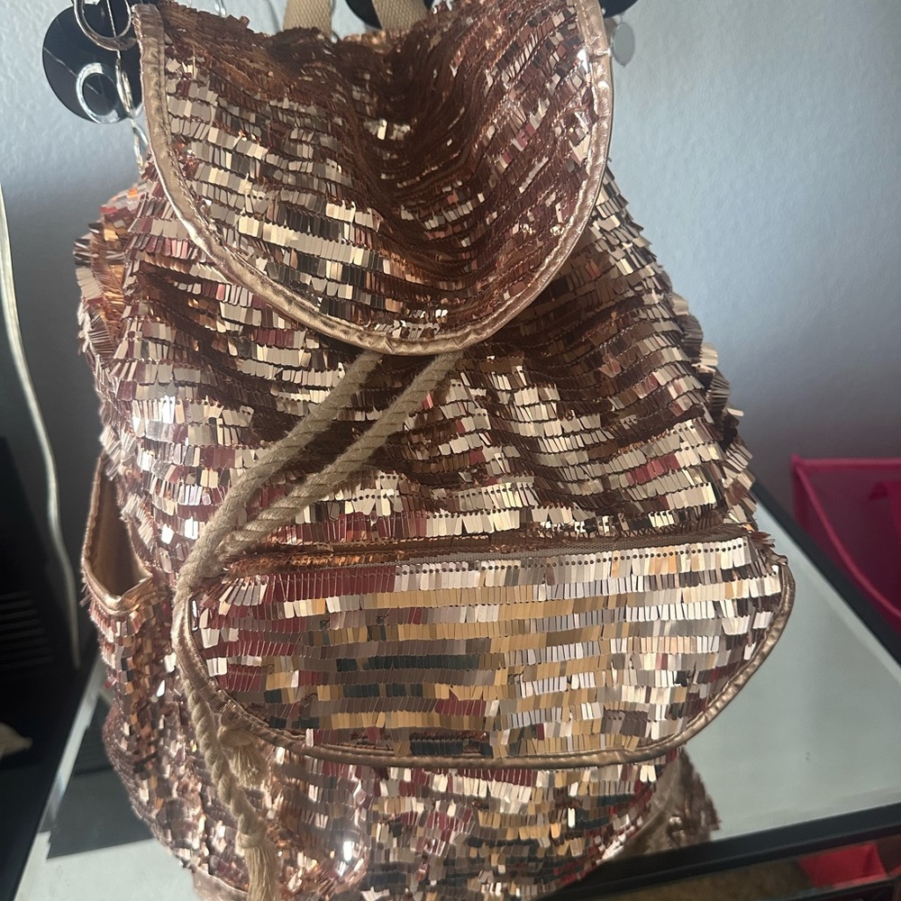 Glamorous Gold Sequin Backpack with Geometric Pattern Aeropostale